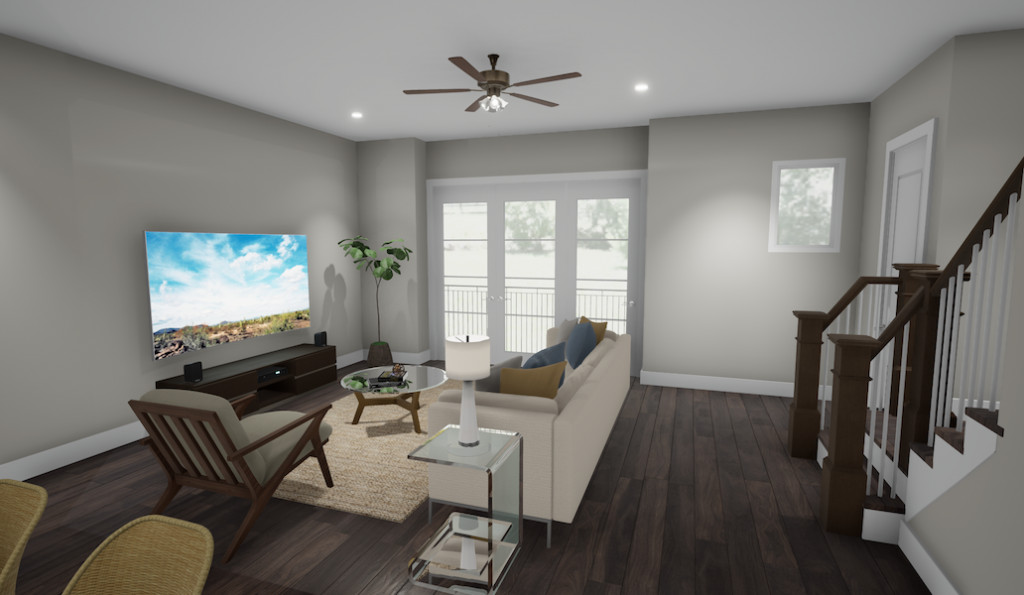 A rendering of a townhome’s living room with gray walls and a large TV. 