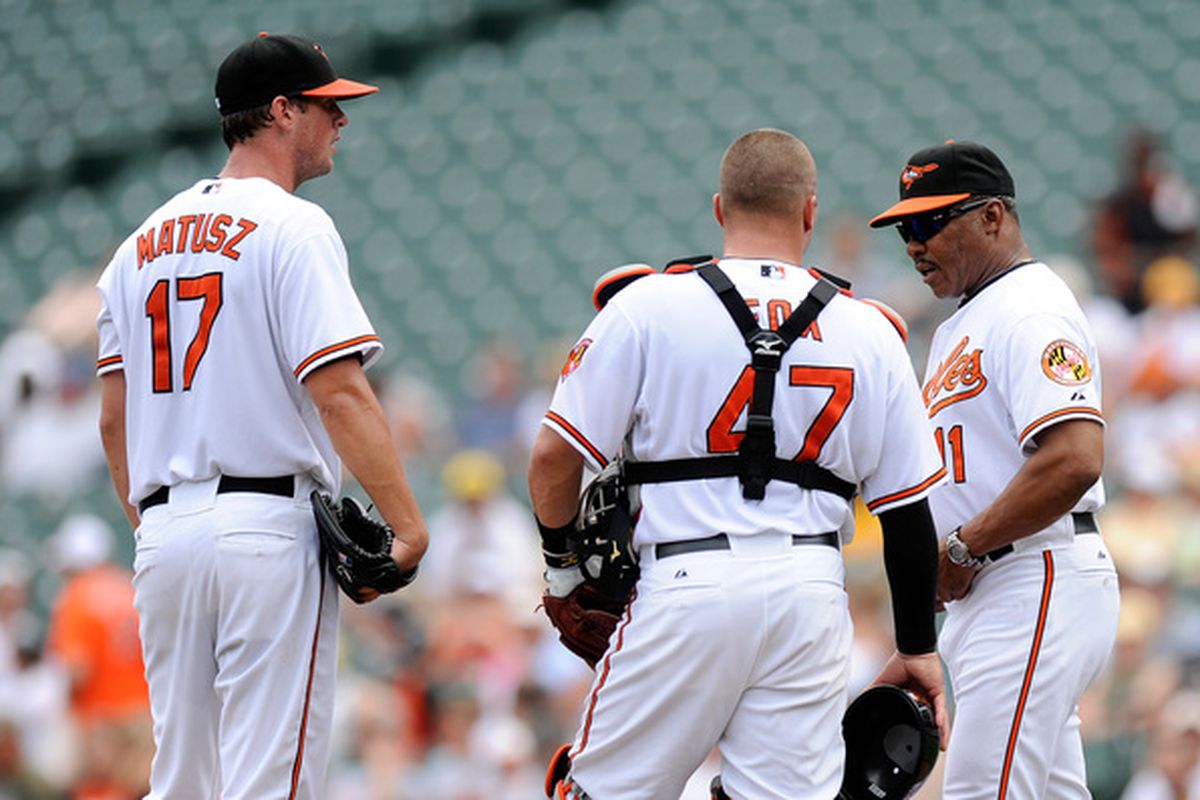Brian Matusz  is removed from the game by Interim Manager Juan Samuel.  But he won't be removed from O's Down. Not this week. (Photo by Greg Fiume/Getty Images)