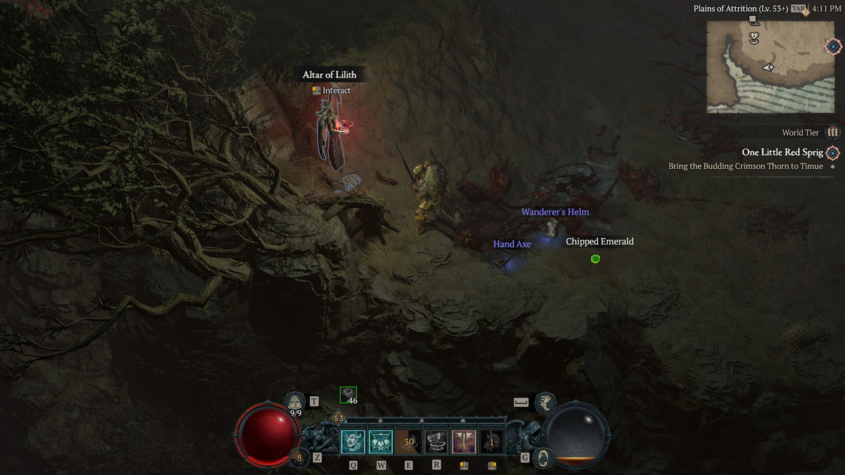 A screenshot of a Barbarian finding the 24th Altar of Lilith in Hawezar in Diablo 4