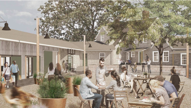 A rendering shows a wooden building with small shops and a courtyard with tables and chairs, with people meandering about and sitting down