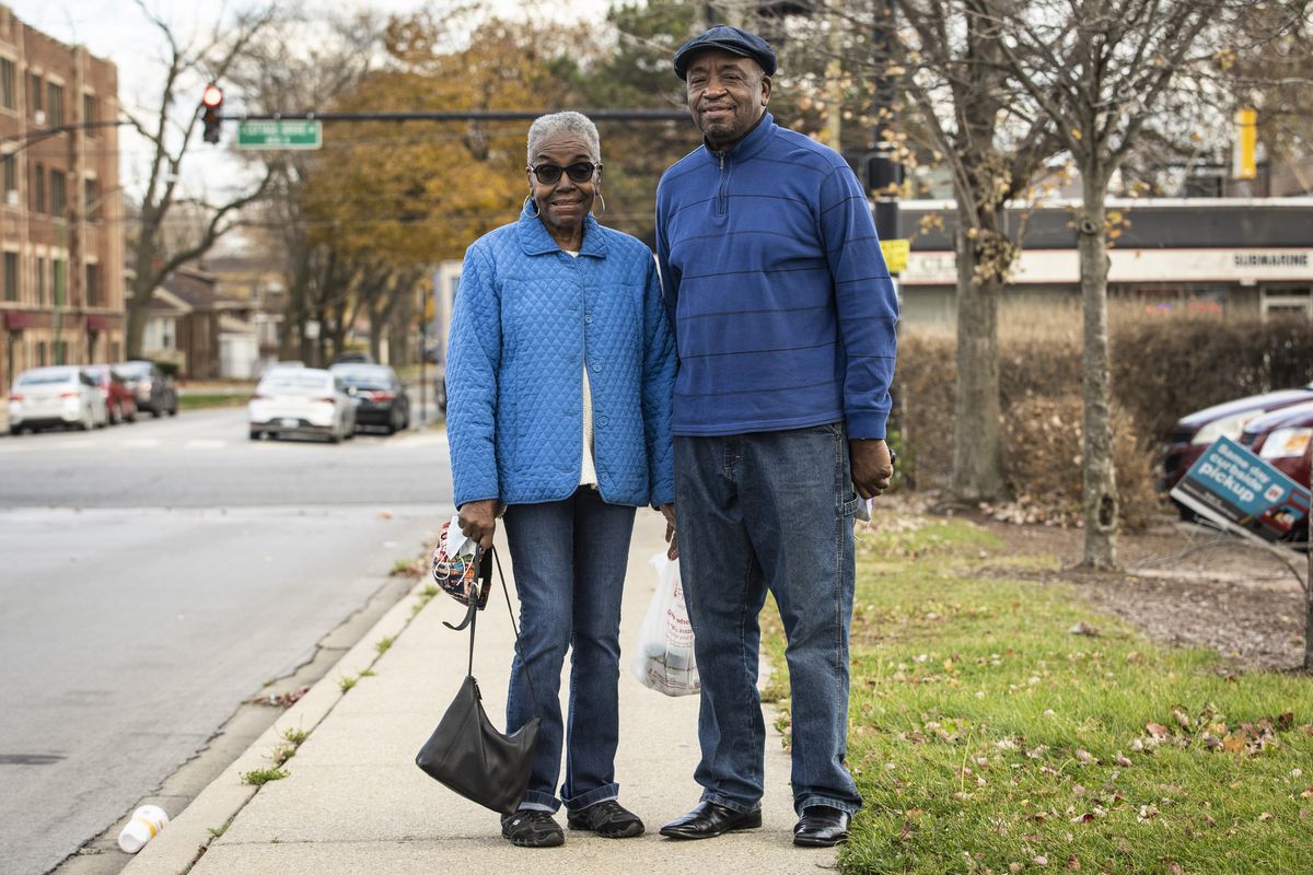 Margrenee Williams, 86, and her son Carl Williams, 68, of Chatham, pose for a portrait while shopping at the Walgreen’s at 8628 S. Cottage Grove in Chatham on the South Side, Monday afternoon, Nov. 9, 2020. | Ashlee Rezin Garcia/Sun-Times
