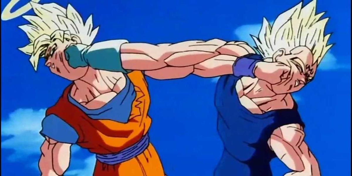 (L-R) A blond-haired anime man (Goku) in a blue and orange outfit punching a blond-haired anime man (Vegeta) in the face while receiving a punch to the face at the same time.