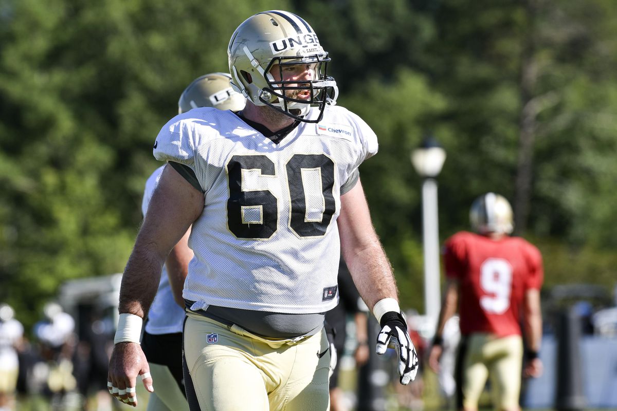Saints center Max Unger (60) had a great day against the Pats in training camp today.