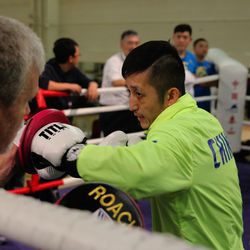 Chinese Olympic Gold Medalist Zou Shiming hitting the pads with Freddie Roach