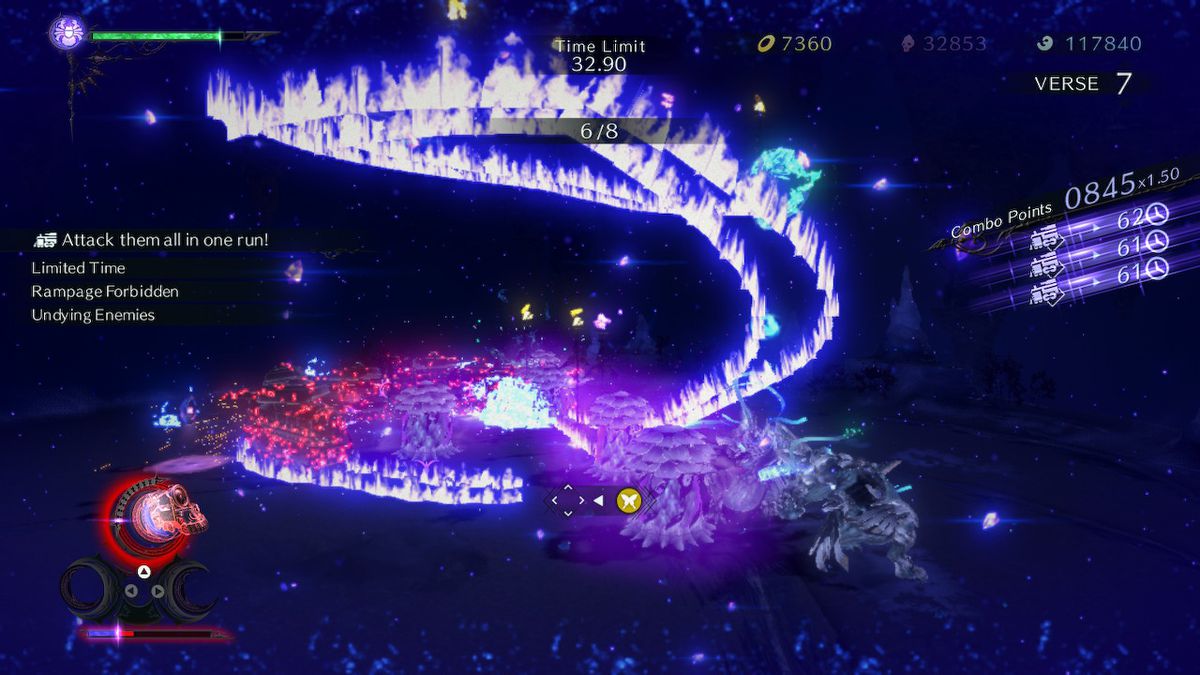 Bayonetta stands near a purple energy spiral in Bayonetta 3.