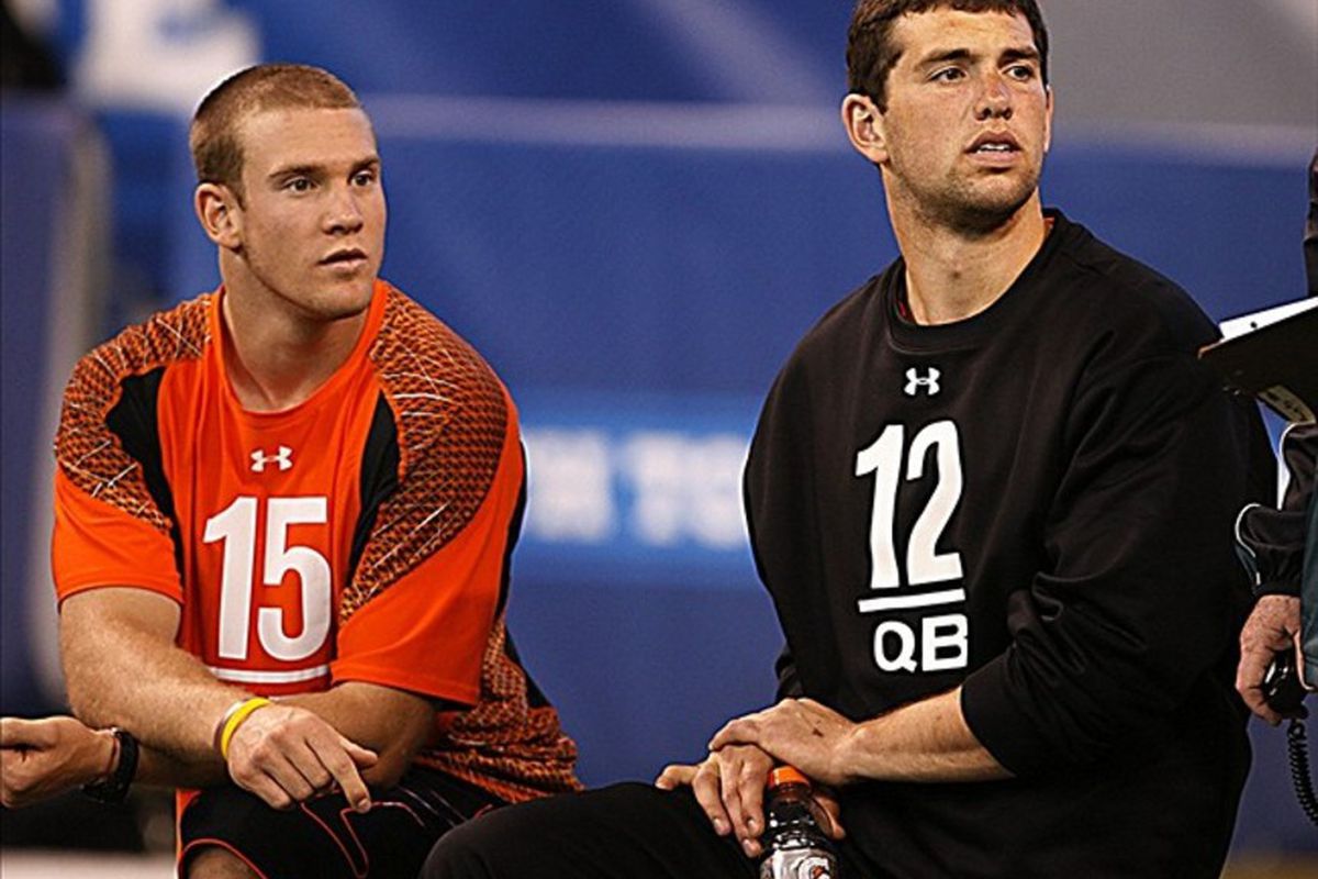 Feb 26, 2012; Indianapolis, IN, USA; Texas A&M quarterback Ryan Tannehill (15) and Stanford Cardinal quarterback Andrew Luck (12) watch the workouts during the NFL Combine at Lucas Oil Stadium. Mandatory Credit: Brian Spurlock-US PRESSWIRE