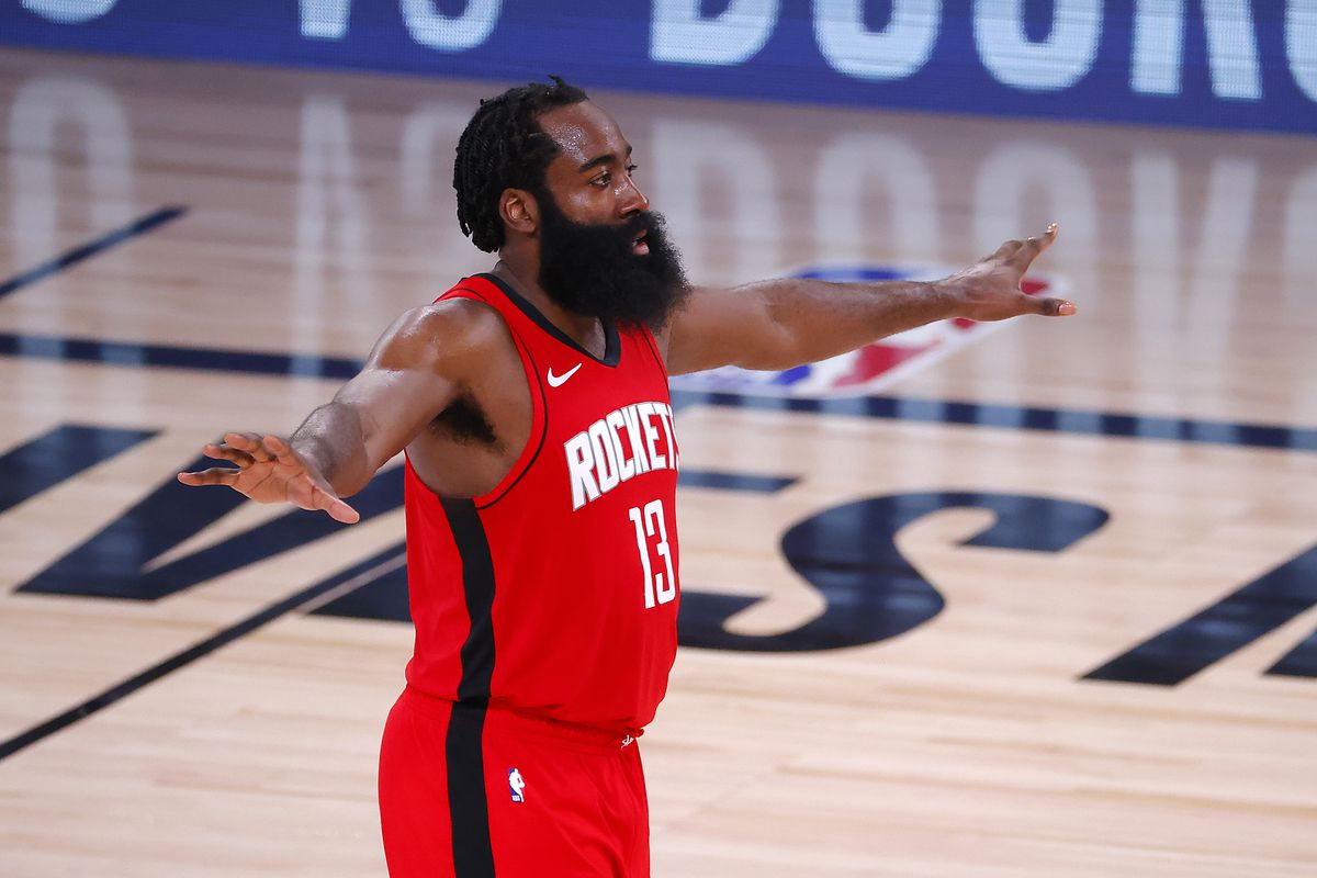 James Harden of the Houston Rockets celebrates their win over Oklahoma City Thunder in Game Two of the Western Conference First Round during the 2020 NBA Playoffs at AdventHealth Arena at ESPN Wide World Of Sports Complex on August 20, 2020 in Lake Buena Vista, Florida.&nbsp;