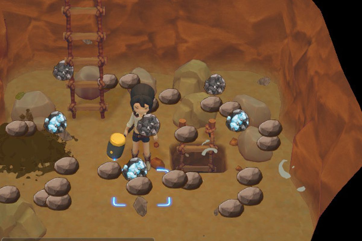 A farmer in a mine surrounded by an explosion of rock, Iron Ore, and Silver Ore