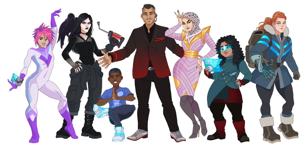 A collection of sample characters from Return to the Stars. Left to right, a superhero-looking woman in a white leotard; a Crowe looking woman holding a welding torch; a Black child doing yoga; a white man in a red blazer; a woman in a shiny purple dress wearing a headscarf; a shorter woman with curly hair using futuristic glasses to read a holographic document; and a red-haired, muscular woman with a backpack and warm winter boots.