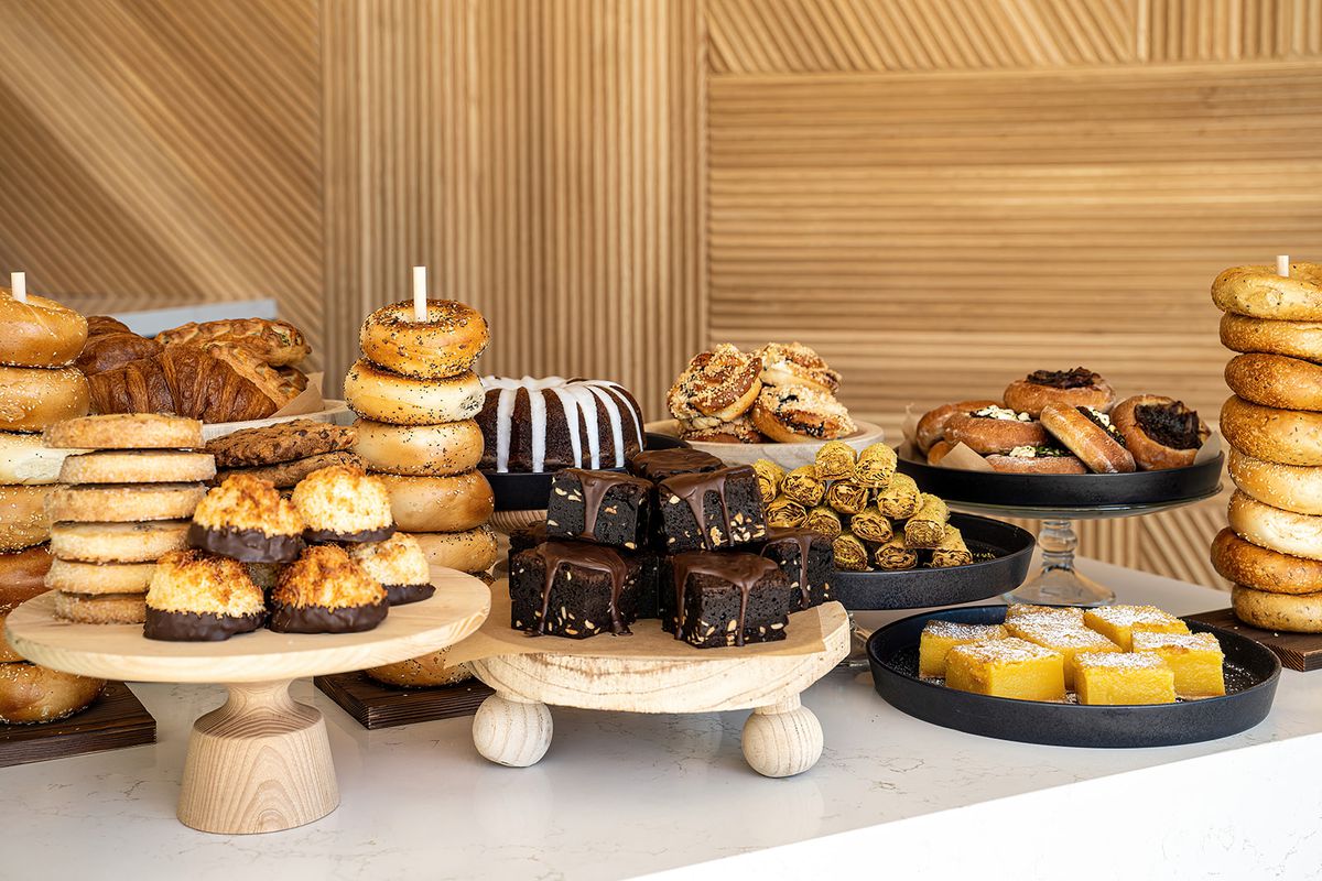 A counter of sweet and savory pastries.