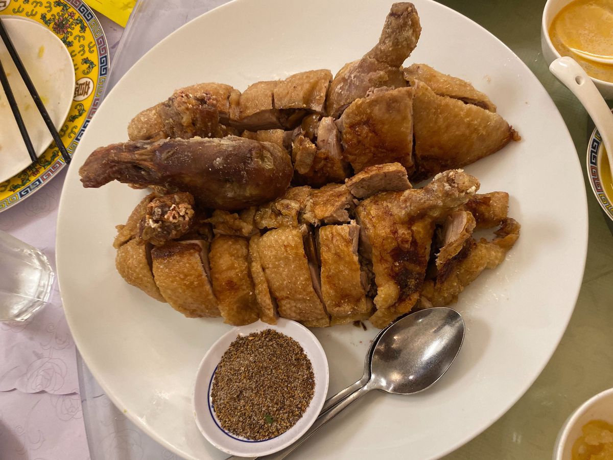 Duck stuffed with sticky rice and served with salt-and-pepper dip at Royal Feast