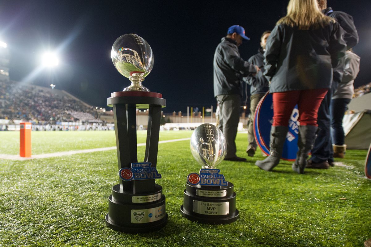 General view of the Camellia Bowl trophies during the matchup between the Appalachian State Mountaineers and the Ohio Bobcats on December 19, 2015 at the Cramton Bowl in Montgomery, Alabama.