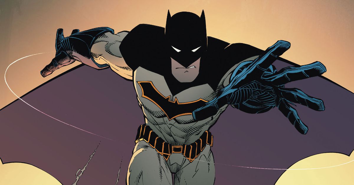 Batman leaps towards the viewer, in a black on grey costume. The inside of his cape is a desaturated purple, while his symbol and belt are black with bright yellow edging, in Batman #50, DC Comics (2016). 