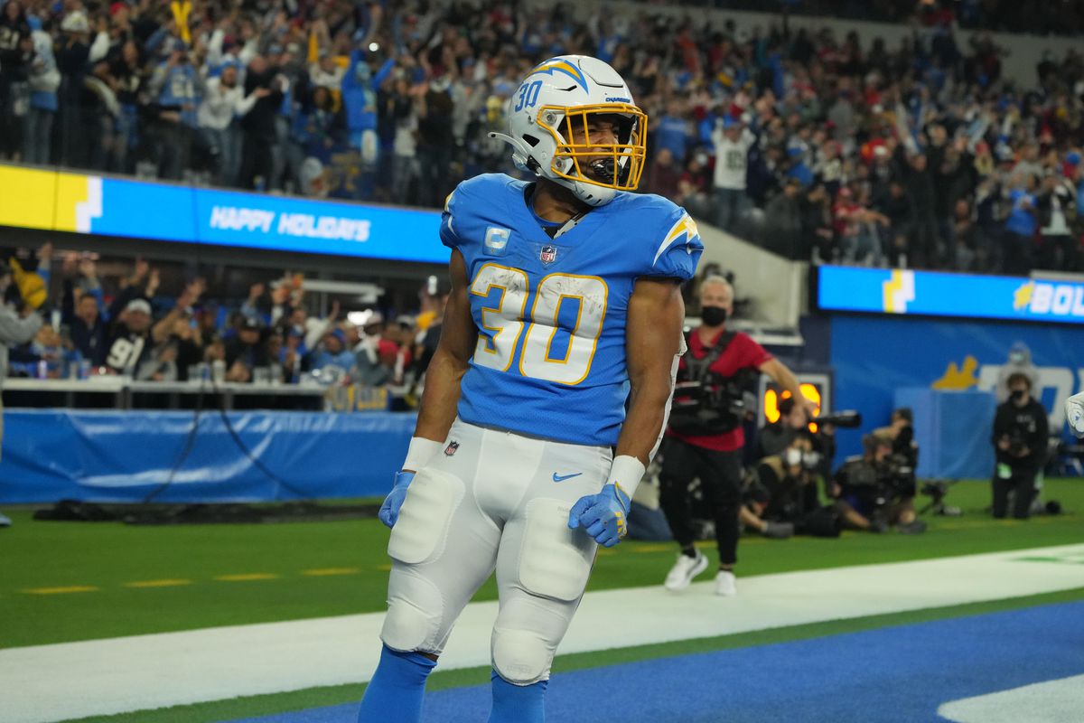 Los Angeles Chargers running back Austin Ekeler (30) celebrates after a touchdown against the Kansas City Chiefs in the second half at SoFi Stadium.