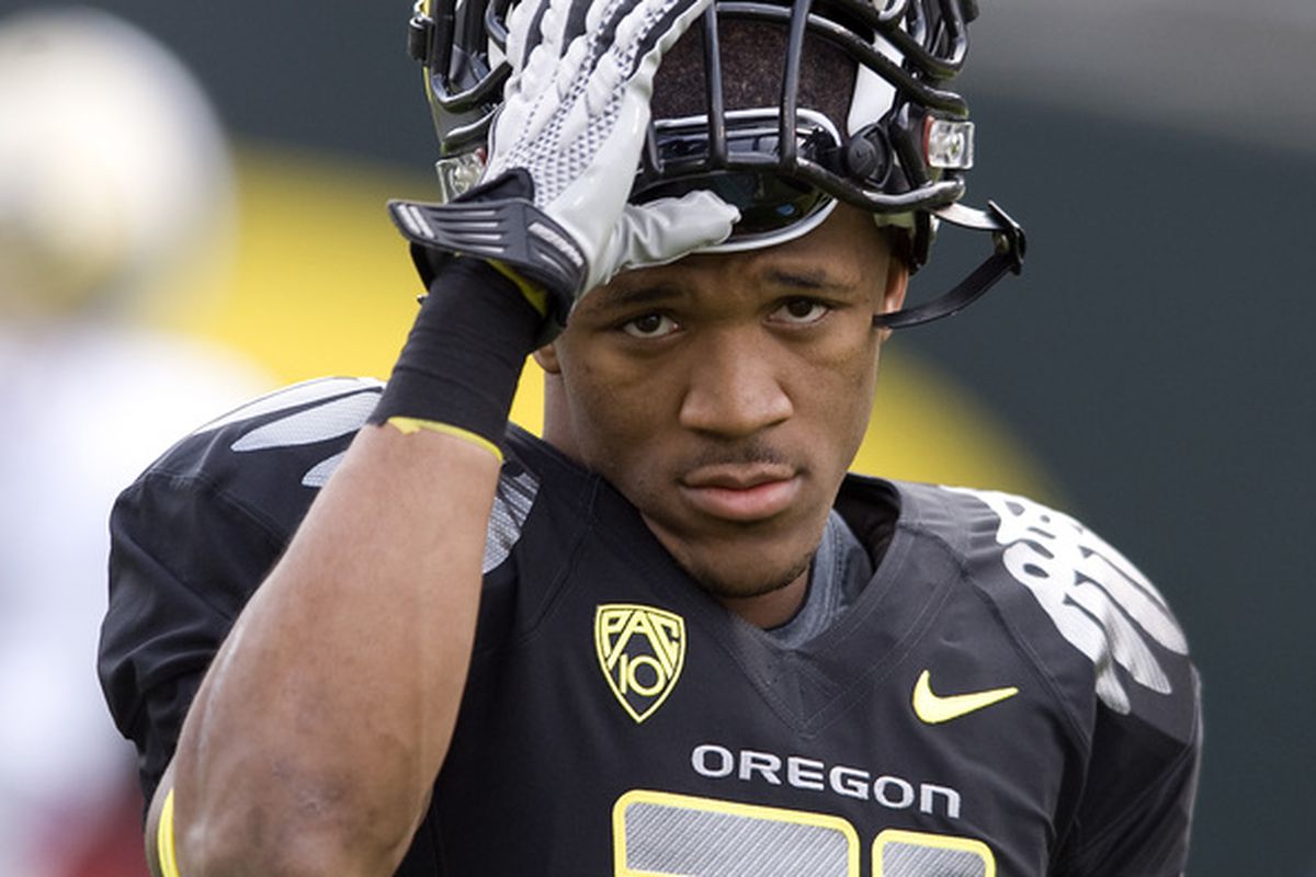 EUGENE OR - Running back LaMichael James #21 reacts to news that the San Francisco 49ers only have two uniforms.