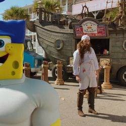 Left to right: SpongeBob SquarePants (as The Invincibubble) and Antonio Banderas (as Burger Beard)  in “The Spongebob Movie: Sponge Out of Water.”