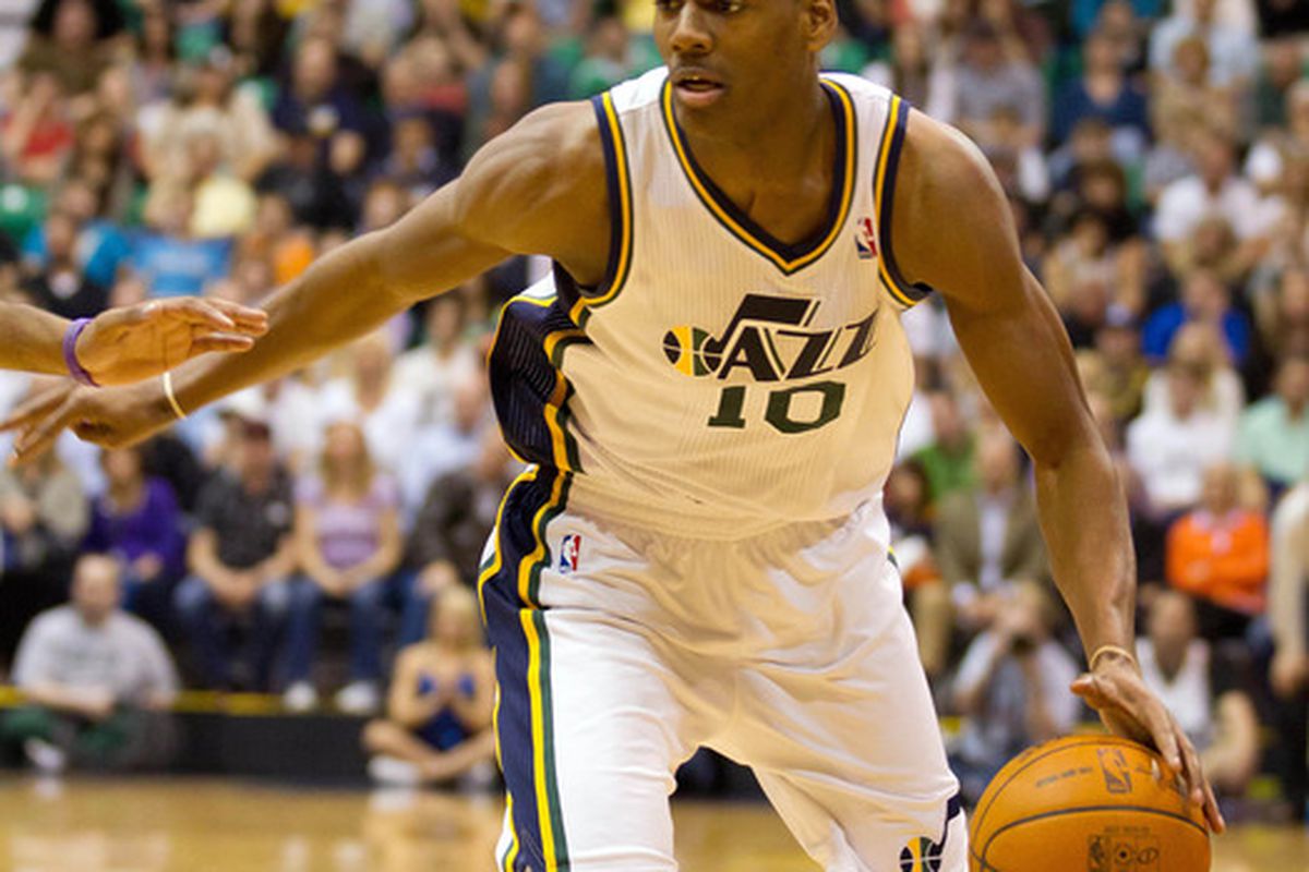 March 30, 2012; Salt Lake City, UT, USA; Utah Jazz guard Alec Burks (10) dribbles during the second half against the Sacramento Kings at Energy Solutions Arena. The Kings defeated the Jazz 104-103. Mandatory Credit: Russ Isabella-US PRESSWIRE