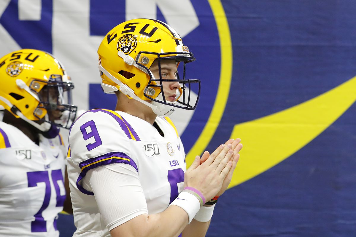Joe Burrow of the LSU Tigers looks on before the SEC Championship game against the Georgia Bulldogs at Mercedes-Benz Stadium on December 07, 2019 in Atlanta, Georgia.