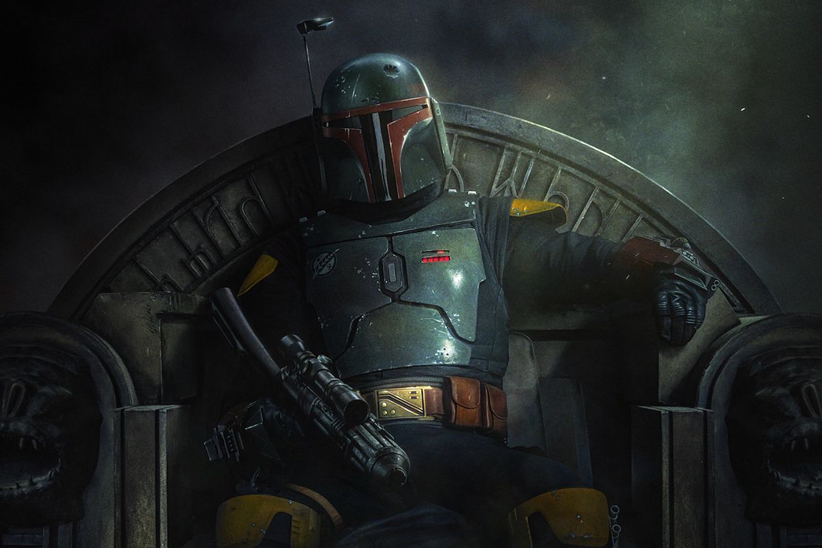 An image of Boba Fett sitting on a throne from The Book of Boba Fett
