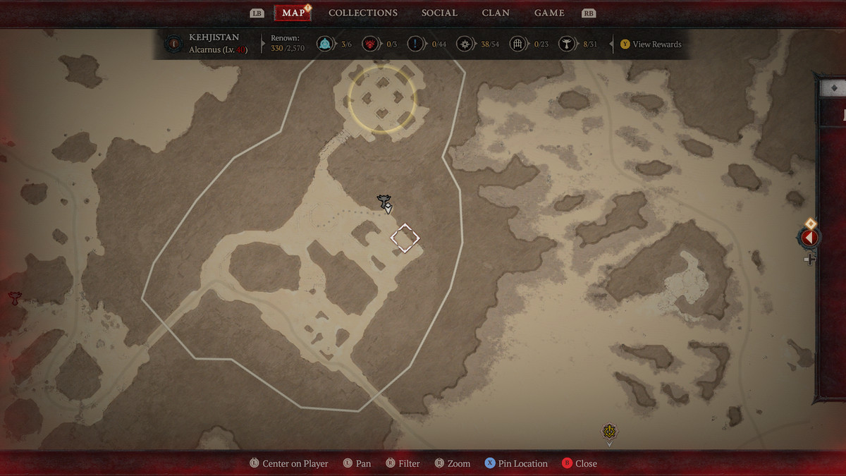 A map of Kehjistan in Sanctuary showing the 8th Altar of Lilith in Diablo 4