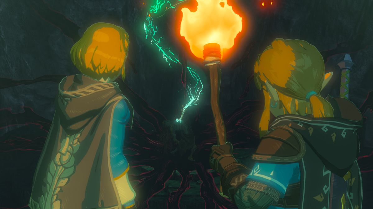 Link and Zelda stare at a mysterious glowing energy source in a screenshot from The Legend of Zelda: Breath of the Wild’s sequel