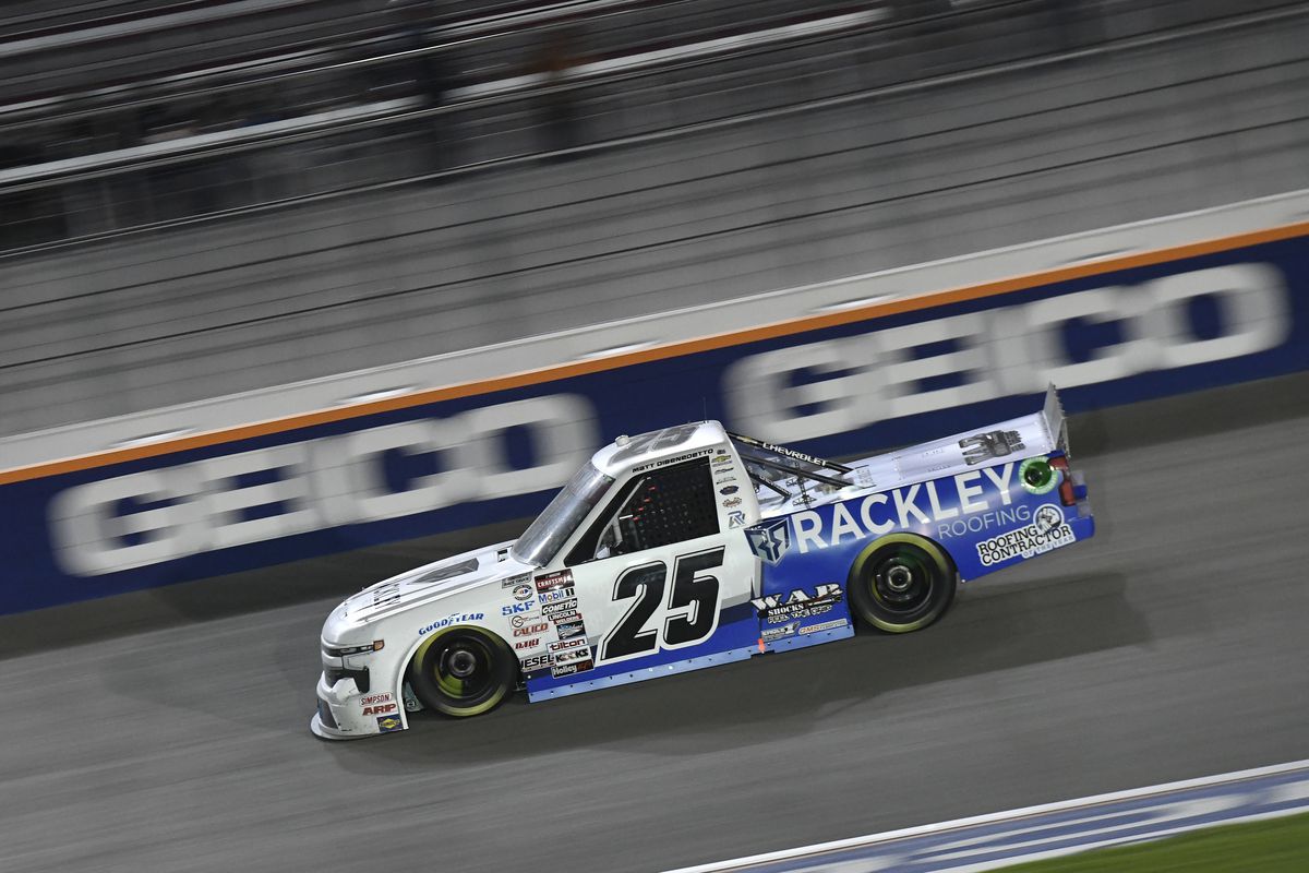 Matt DiBenedetto (#25 Rackley Roofing Chevrolet) drives down the front stretch during the NASCAR Craftsman Truck Series Victoria’s Voice Foundation 200 on March 3, 2023, at Las Vegas Motor Speedway in Las Vegas, Nevada.