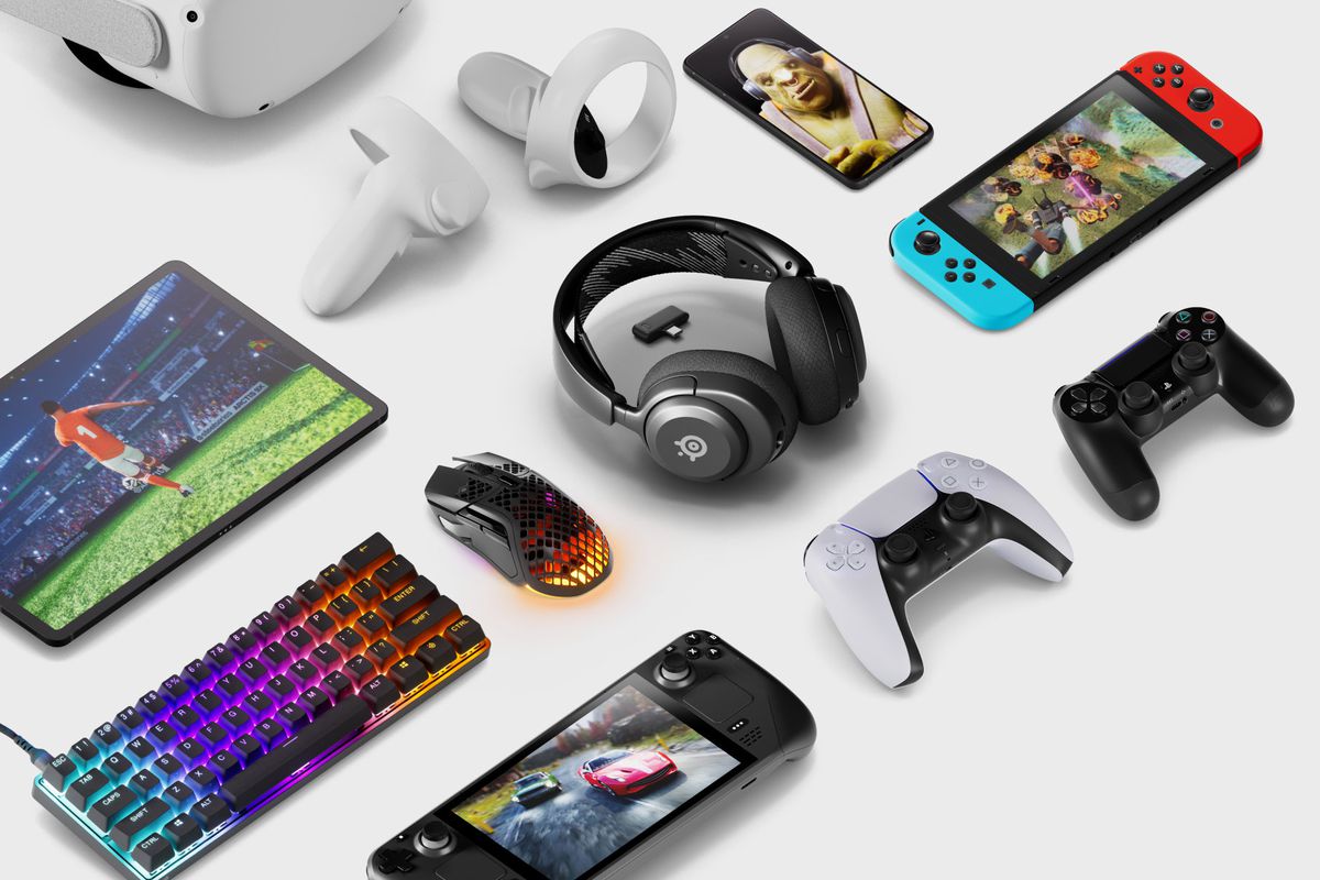 An image provided by SteelSeries that show the Arctis Nova 4 wireless gaming headset sitting in the middle of an assortment of tech devices that it’s compatible with, including Nintendo Switch, Meta Quest 2, phones, tablets, the Steam Deck, and more.