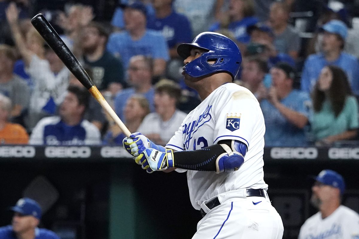 Salvador Perez #13 of the Kansas City Royals hits a three-run home run in the first inning against the Cleveland Indians at Kauffman Stadium on September 29, 2021 in Kansas City, Missouri.