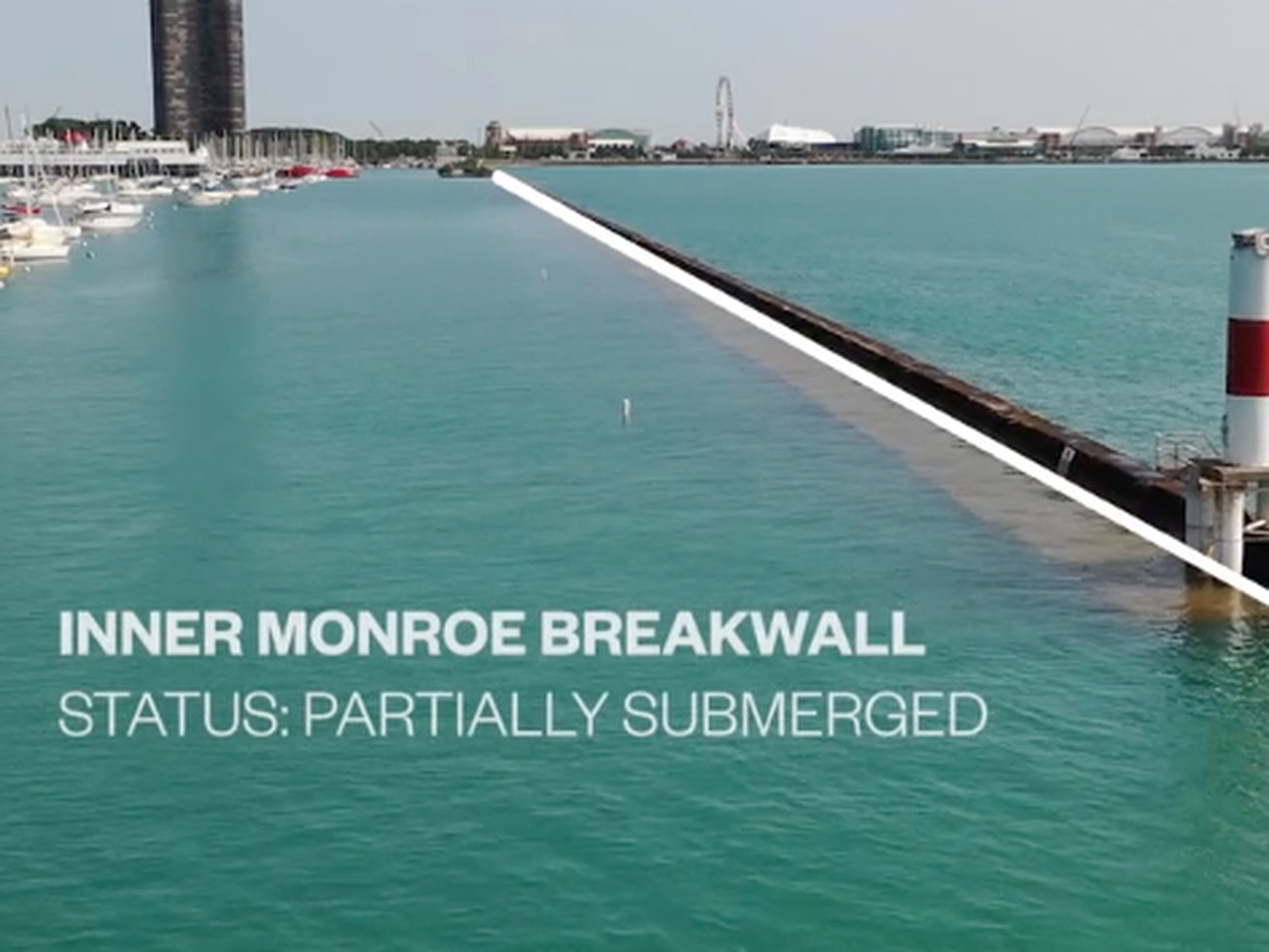 A screenshot of a video shot this week by the company that runs Chicago’s harbors highlighting submerged breakwalls that have caused trouble for boaters