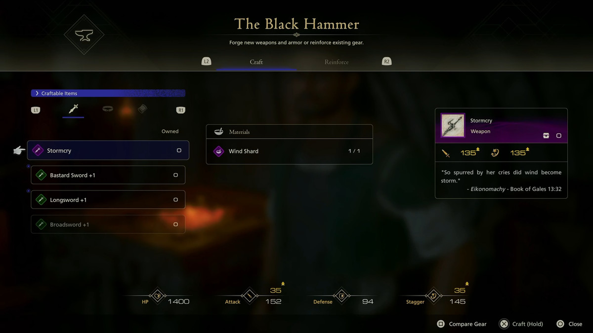Stormcry crafting materials and stats at the Black Hammer in the Hideaway in Final Fantasy 16 / XVI /  FF16.