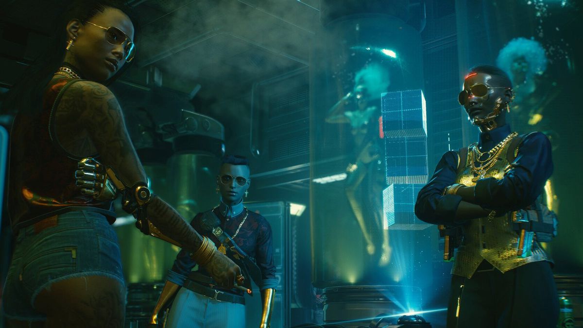 NPCs gather in a lab in Cyberpunk 2077