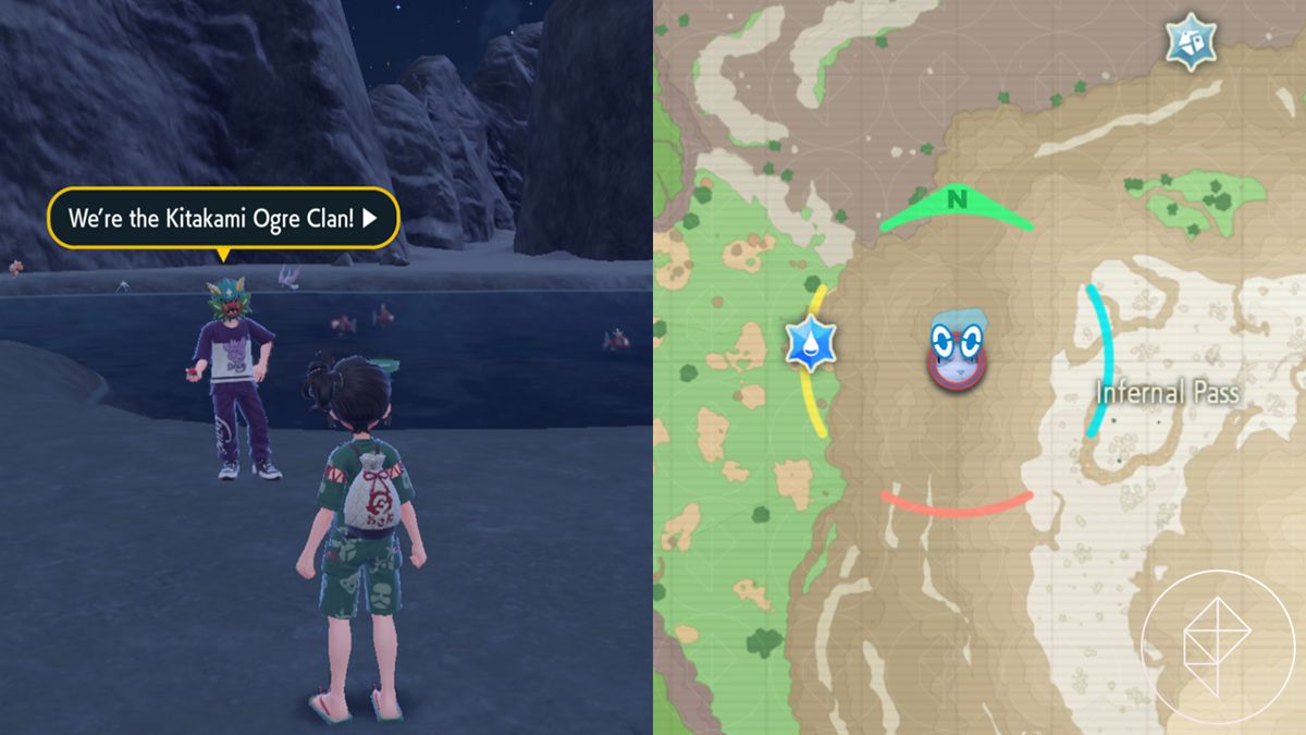 A trainer stands in front of a masked man in front of a pool of water in Pokémon Scarlet&nbsp;and&nbsp;Violet:&nbsp;The Teal Mask,