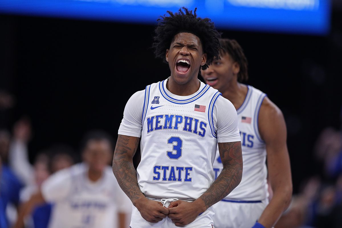 Kendric Davis #3 of the Memphis Tigers reacts during the second half against the Houston Cougars at FedExForum on March 05, 2023 in Memphis, Tennessee.