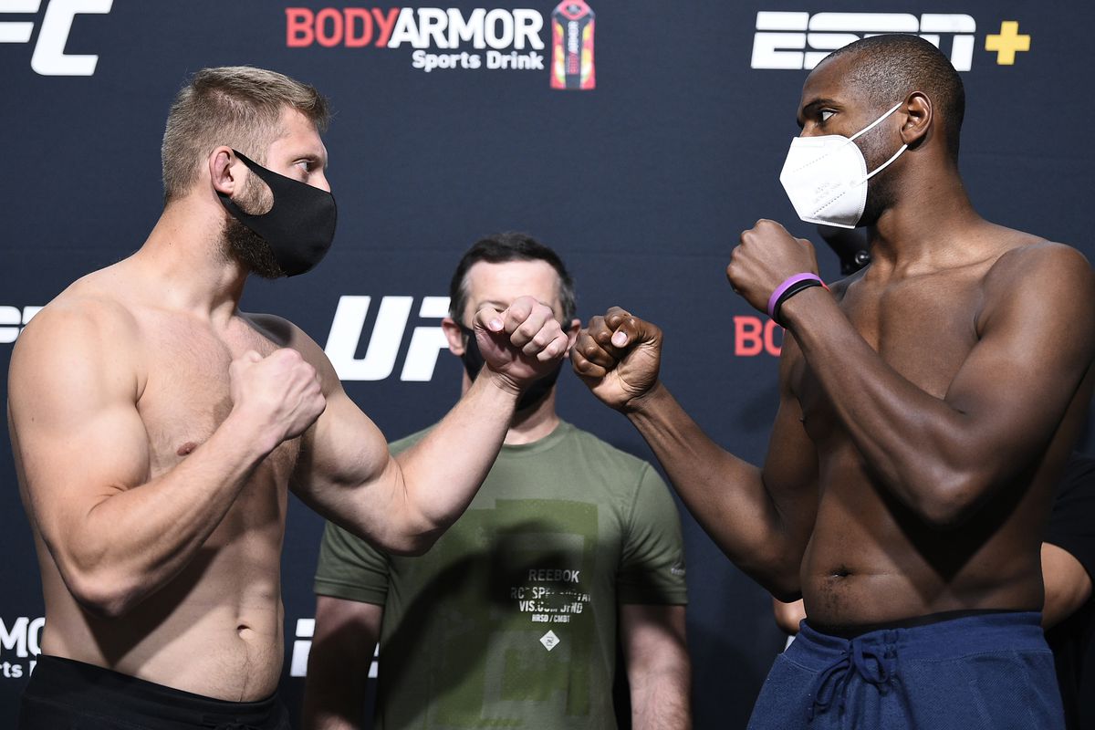 Opponents Marcin Prachnio of Poland and Mike Rodriguez face off during the UFC Fight Night weigh-in at UFC APEX on August 21, 2020 in Las Vegas, Nevada.