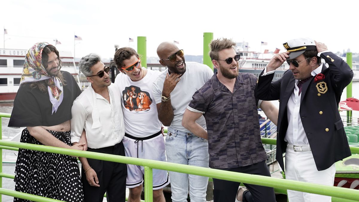 Jonathan Van Ness, Tan France, Antoni Porowski, Karamo Brown, and Bobby Berk of Queer Eye’s Fab Five ride “The Beast” with host Jimmy Fallon on July 31, 2019.