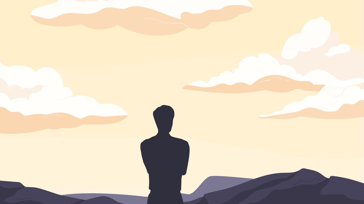 A drawing of a silhouette of a person looking out over a landscape and a sky with a few clouds.