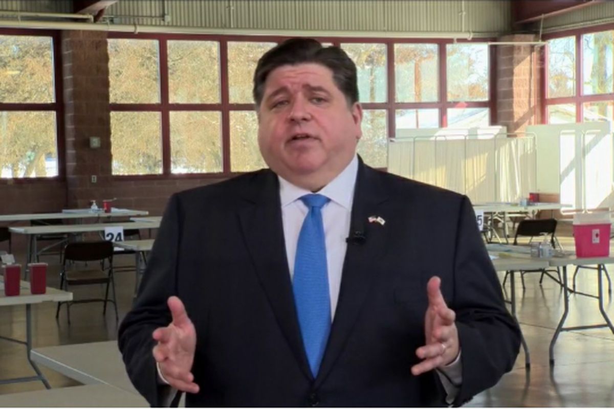 Gov. J.B. Pritzker delivers a virtual budget and State of the State address from the Illinois State Fairgrounds in Springfield in February.