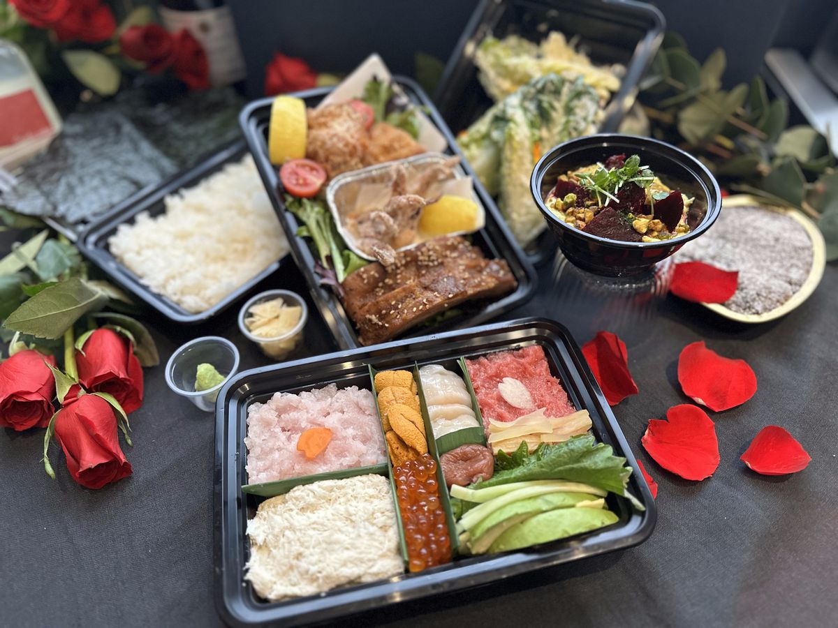 A bento box with assorted dishes at N/Soto in Los Angeles.