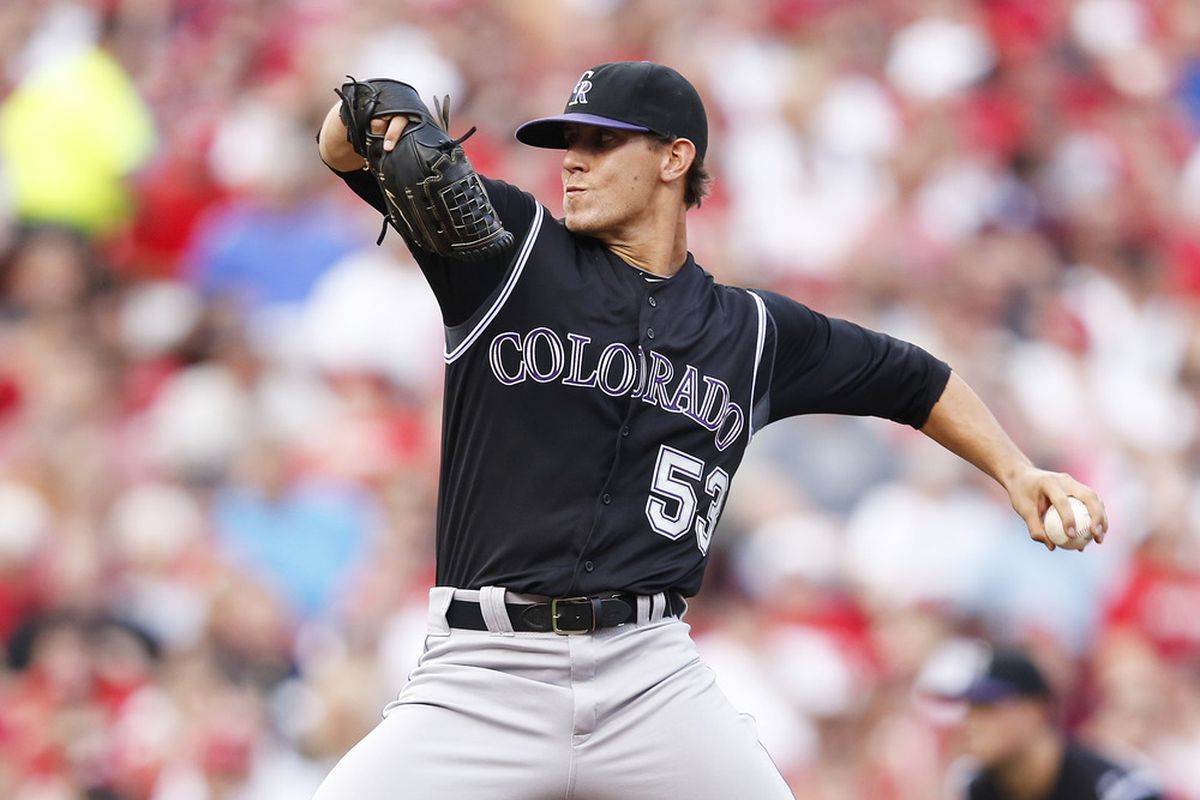 CINCINNATI, OH - MAY 25: Christian Friedrich #53 of the Colorado Rockies pitches in the second inning against the Cincinnati Reds at Great American Ball Park on May 25, 2012 in Cincinnati, Ohio. (Photo by Joe Robbins/Getty Images)