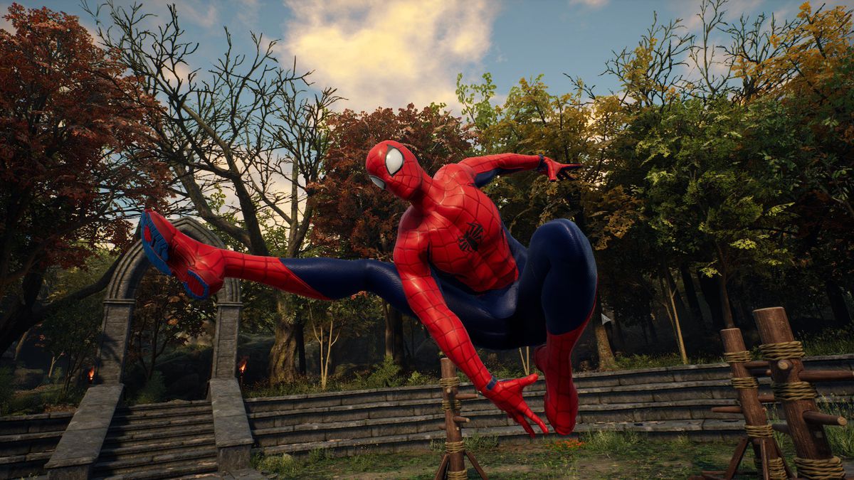 Spider-Man slinging through the air without any webs somehow
