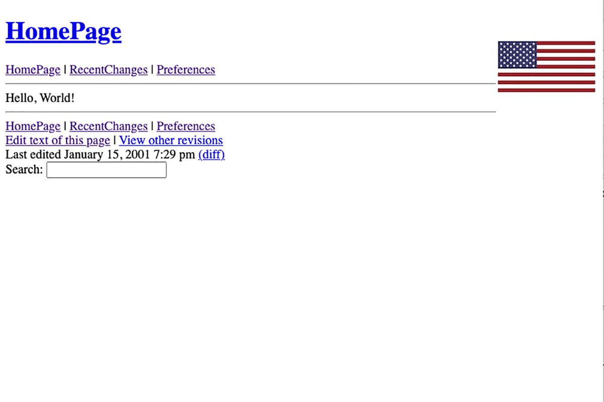 A web page from January 15th, 2001 with the text “Hello, World!”