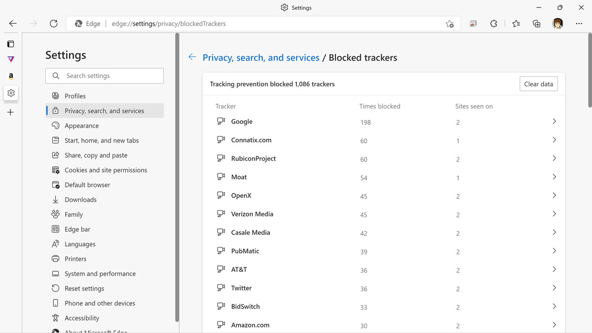 The blocked trackers page displays all trackers blocked by Edge.