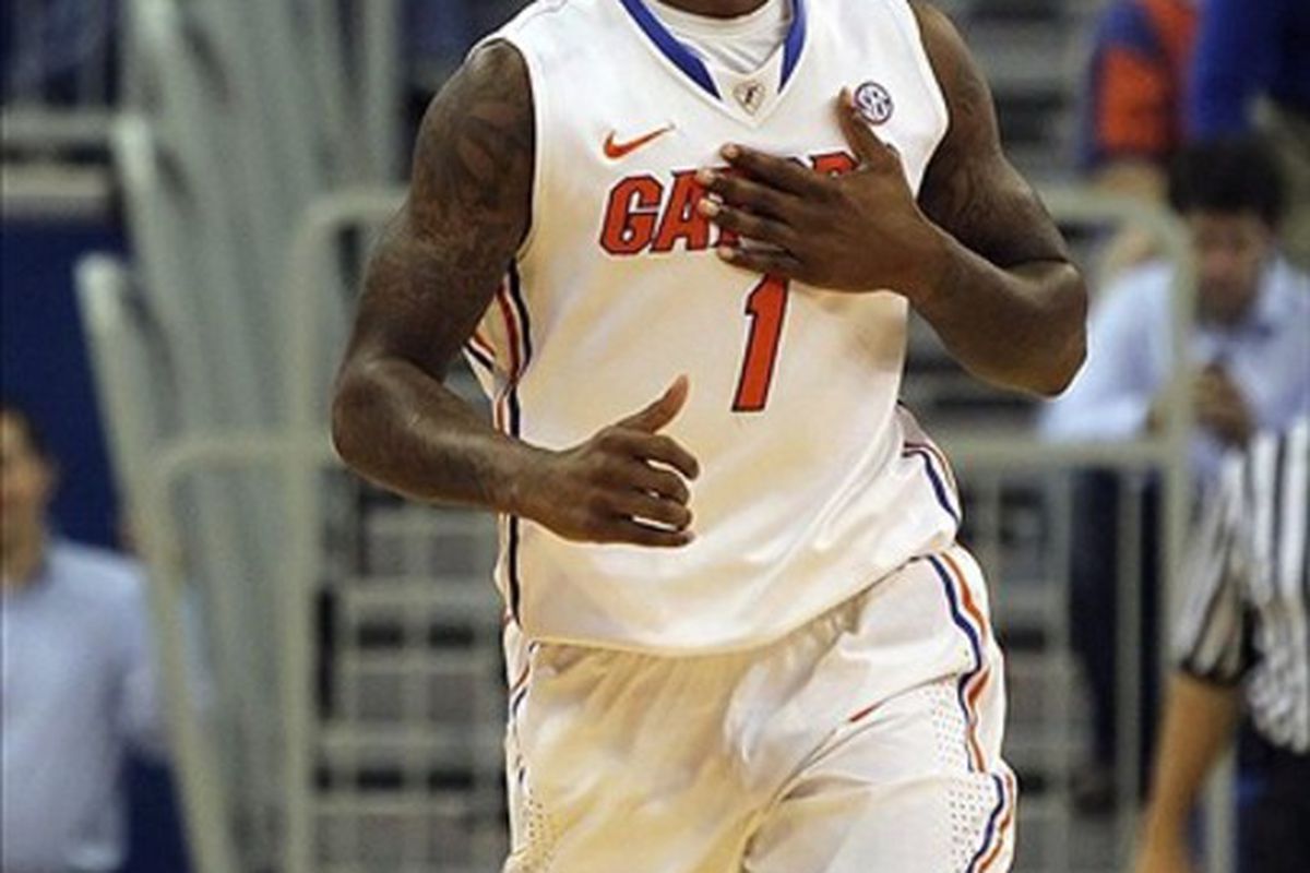 February 21, 2012; Gainesville, FL, USA; Florida Gators guard Kenny Boynton (1) reacts after making a three pointer during the first half against the Auburn Tigers at the Stephen C. O'Connell Center. Mandatory Credit: Kim Klement-US PRESSWIRE
