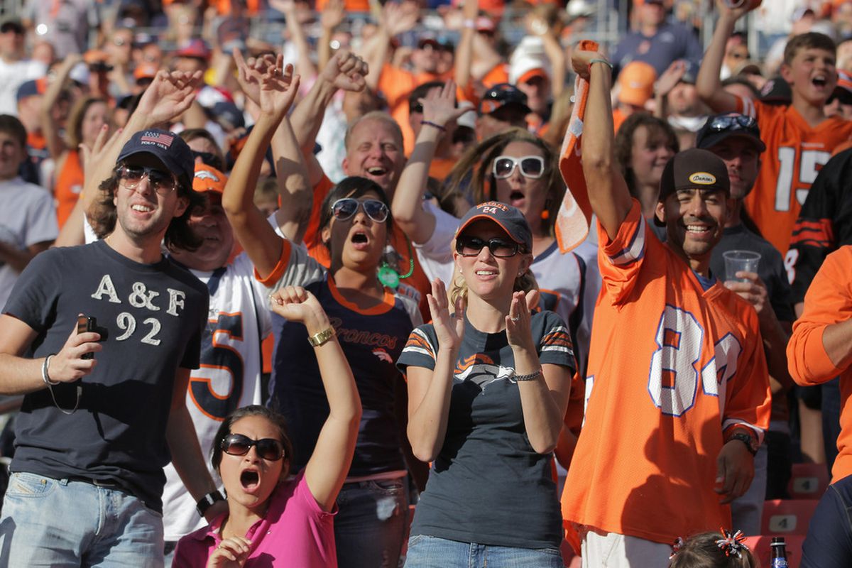 DENVER, CO - SEPTEMBER 18:  Fans support the Denver Broncos as they defeated the Cincinnati Bengals 24-22 at Invesco Field at Mile High on September 18, 2011 in Denver, Colorado.  (Photo by Doug Pensinger/Getty Images)