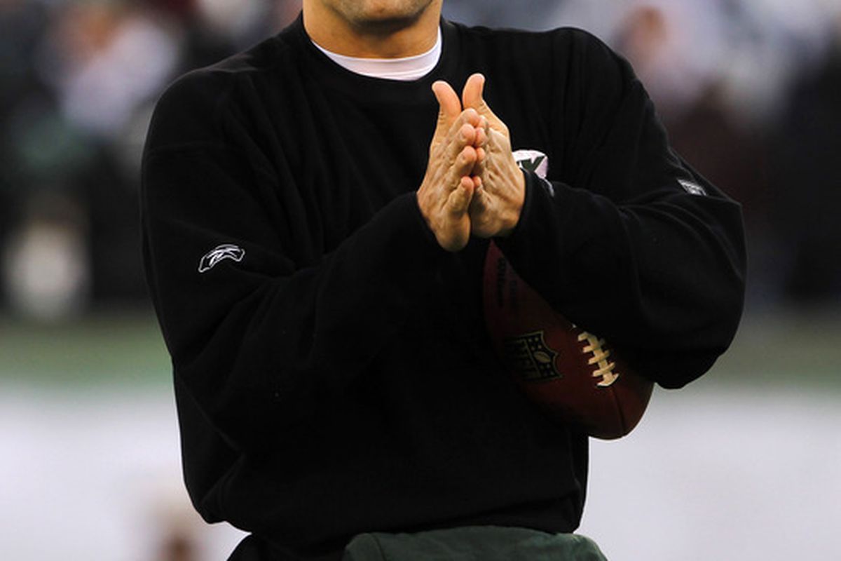 EAST RUTHERFORD, NJ - DECEMBER 24:  Mark Sanchez #6 of the New York Jets looks on prior to their game against the New York Giants at MetLife Stadium on December 24, 2011 in East Rutherford. New Jersey. (Photo by Rich Schultz /Getty Images)
