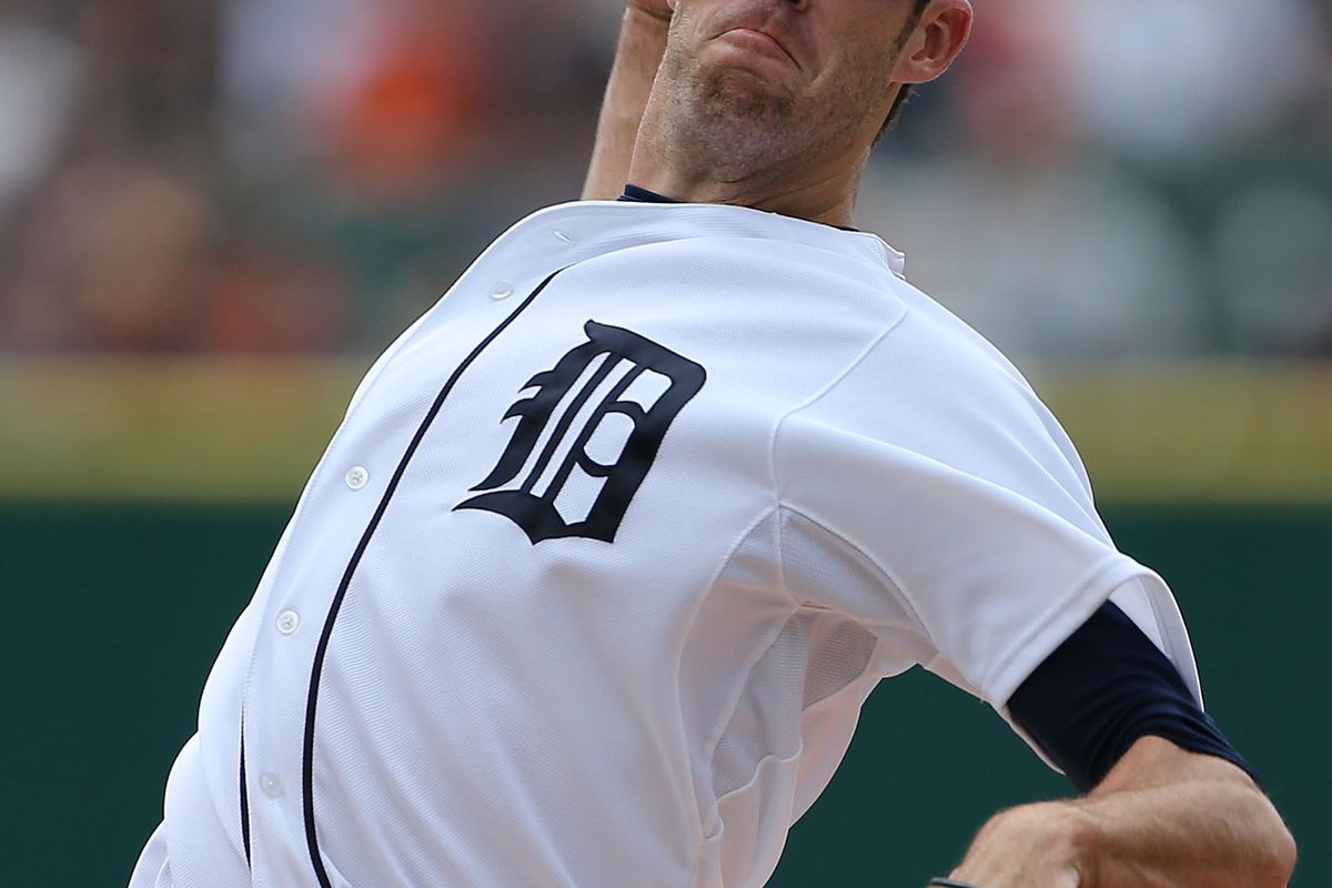 DETROIT, MI - AUGUST 19:  Doug Fister #58 of the Detroit Tigers pitches in the first inning during the game against the Baltimore Orioles at Comerica Park on August 19, 2012 in Detroit, Michigan.  (Photo by Leon Halip/Getty Images)