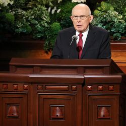 Elder Dallin H. Oaks of the LDS Church’s Quorum of the Twelve Apostles speaks in the Conference Center in Salt Lake City during the morning session of the LDS Church’s 187th Annual General Conference on Sunday, April 2, 2017.