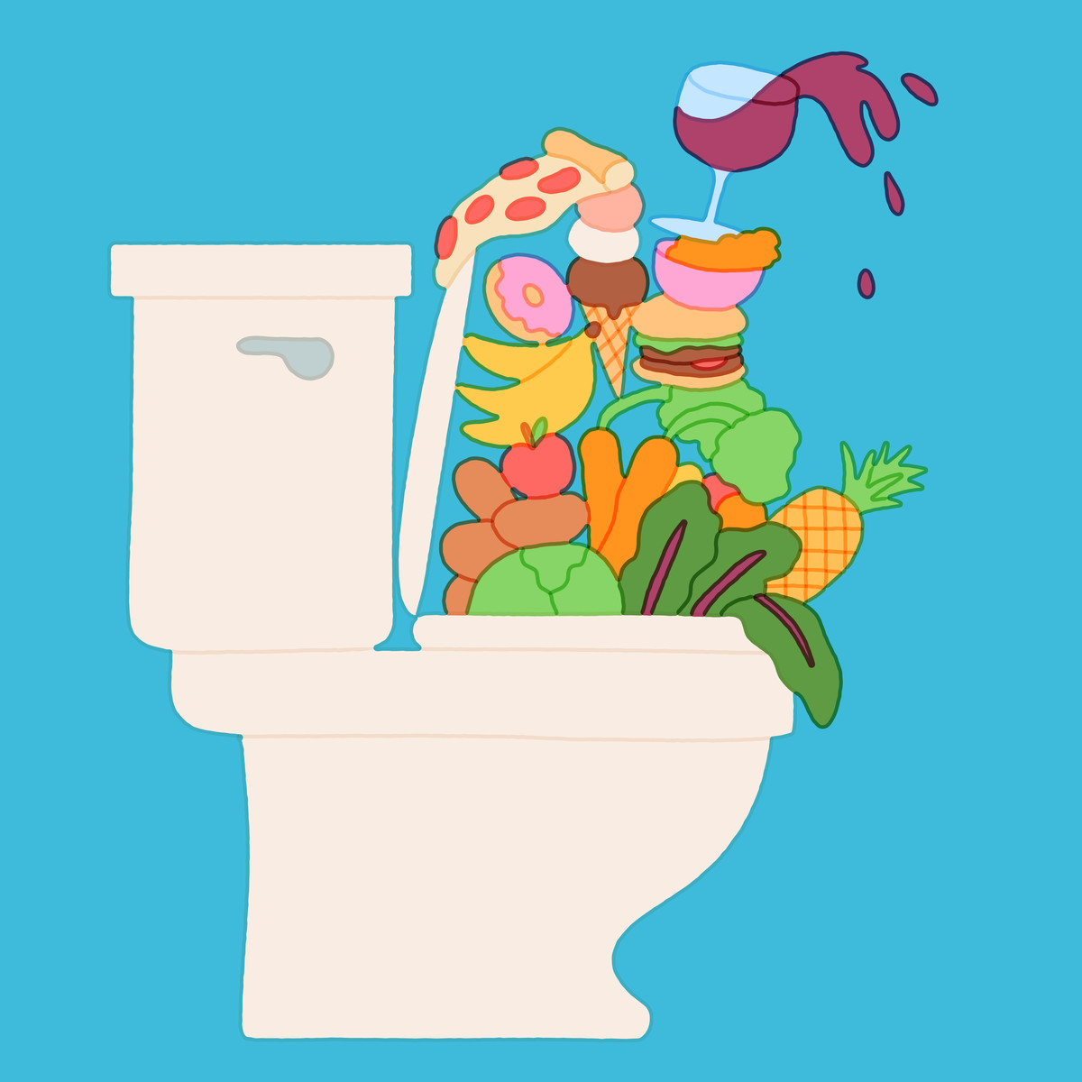 A toilet whose open bowl is stacked high with food. Illustration.