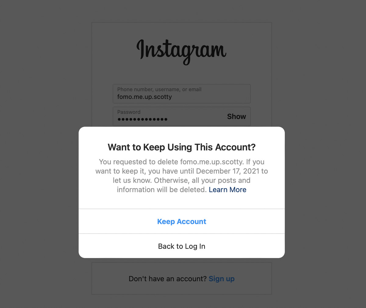 Delete instagram account link
