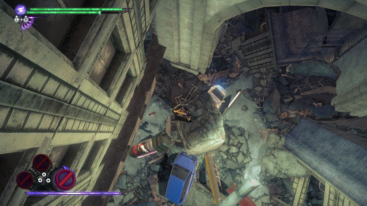 Bayonetta leaps in the air to grab the cat behind some rubble